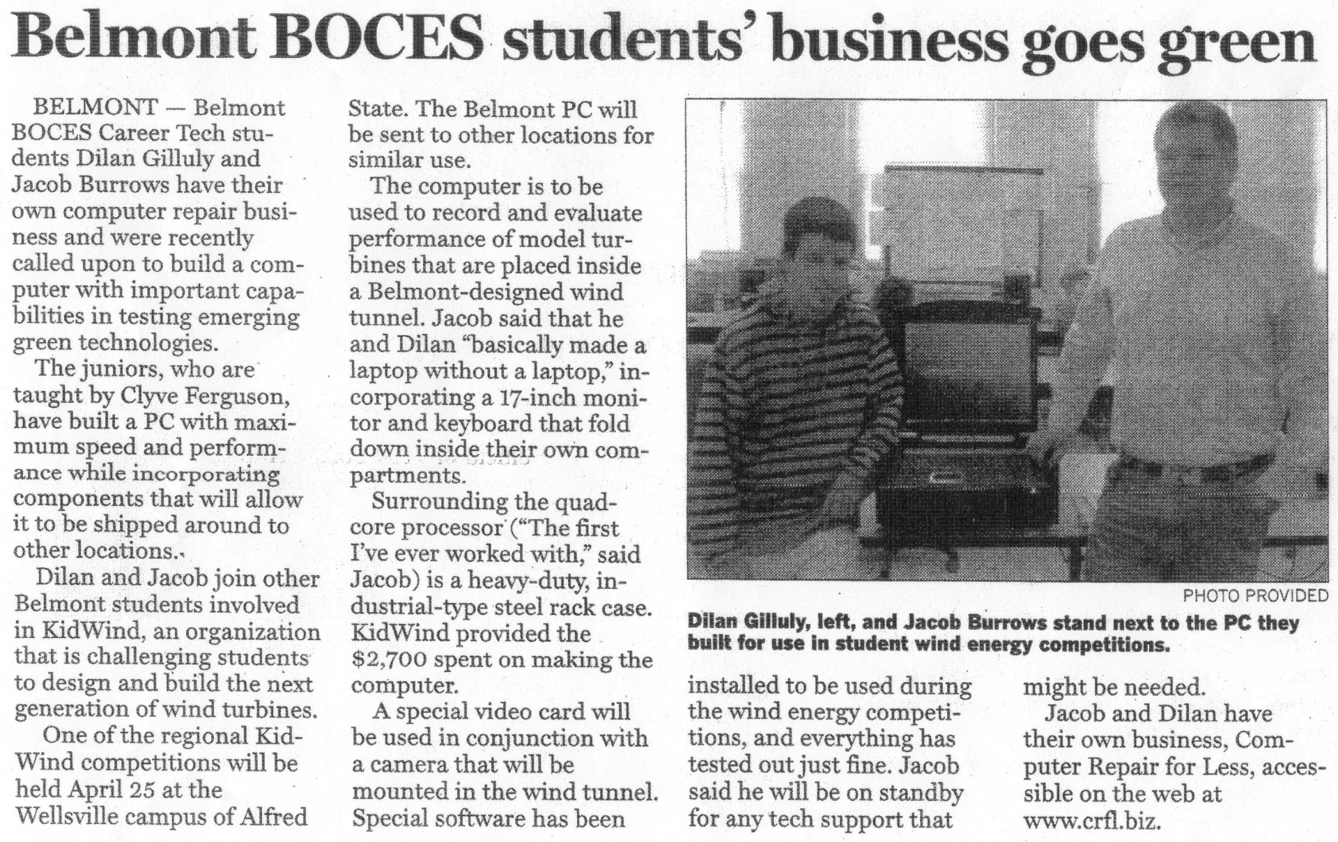 Newspaper article mentioning Jacob and Dilan for a KidWind project