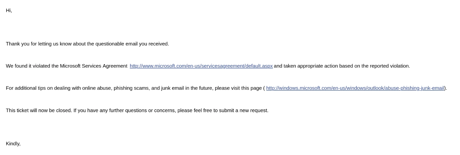 Email showing action taken against spam account due to Service Agreement Violation